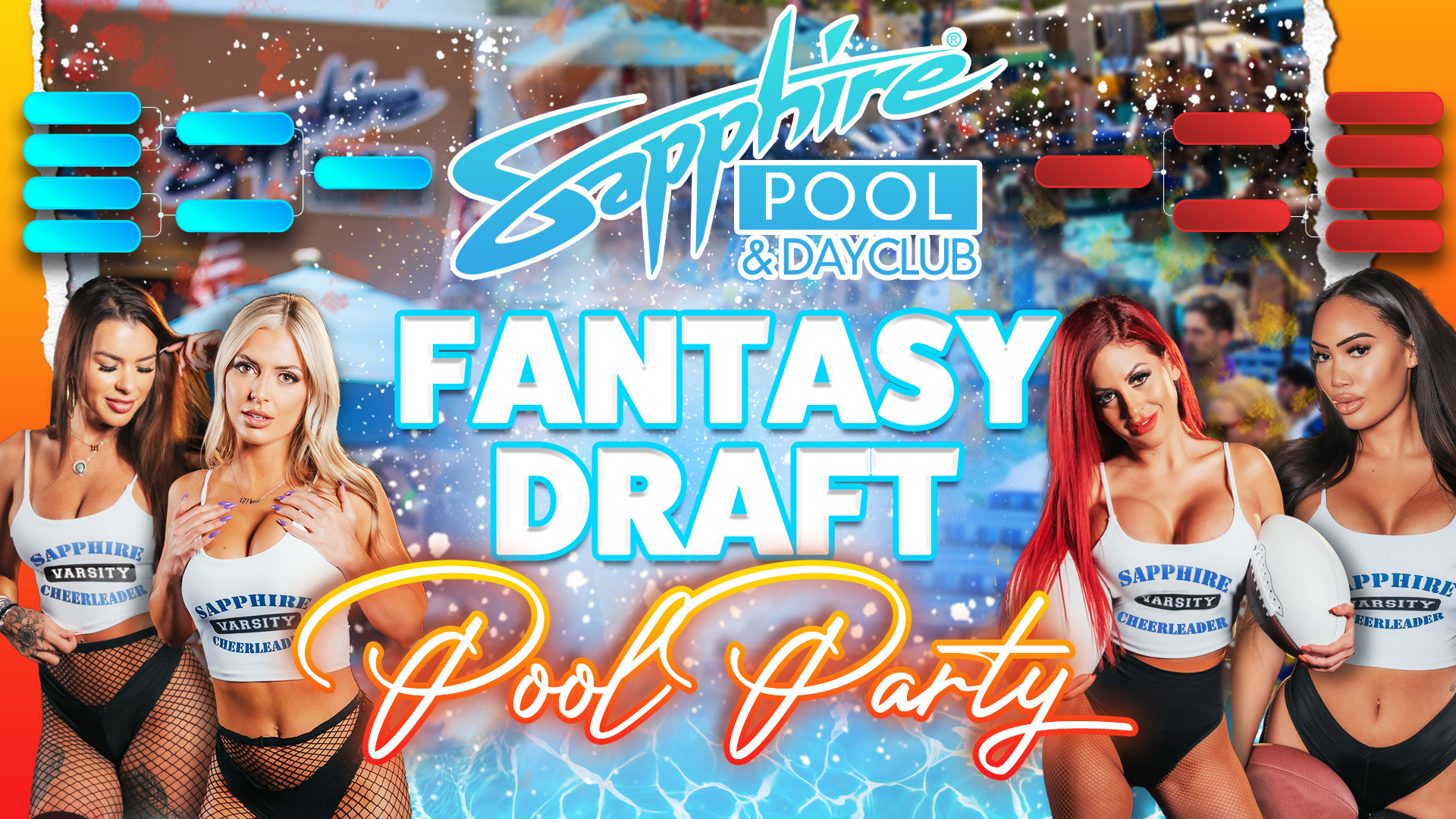 Sapphire Pool - Fantasy Draft Pool Party - 4 cocktail waitresses in pool attire